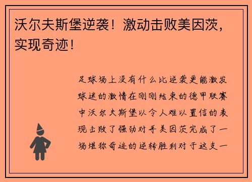 沃尔夫斯堡逆袭！激动击败美因茨，实现奇迹！